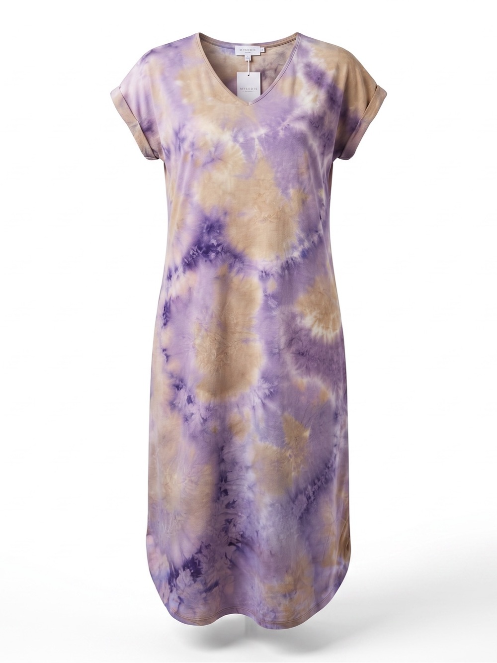 V-Neck Tie-Dye Midi Dress in Lavender and Beige